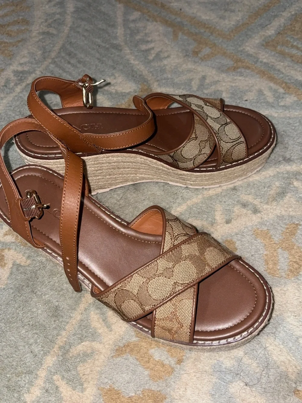 Coach Tan & Brown Signature Cross-Panel Slingback Sandals